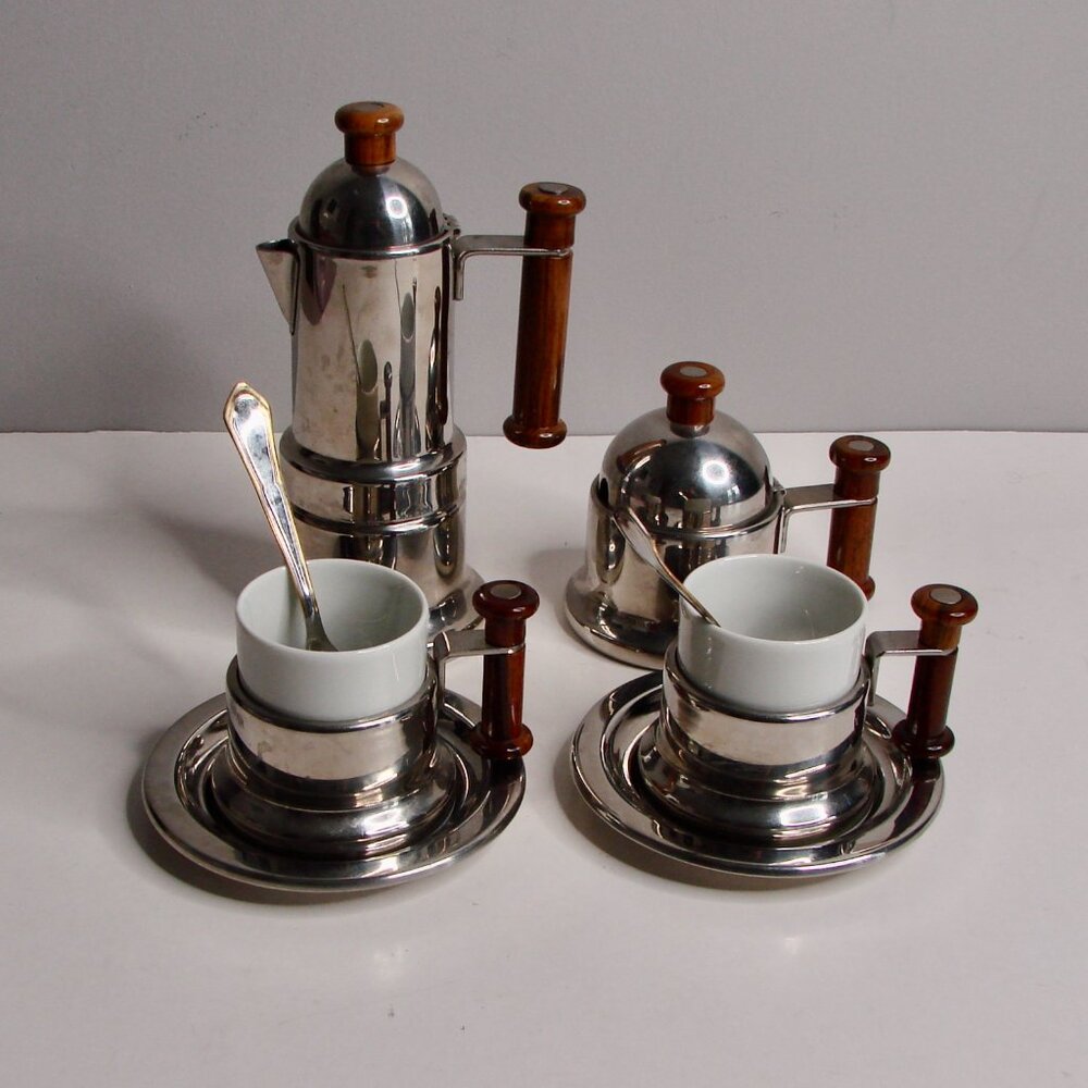 VEV Vigano Coffee Pot Inox Stainless Steel Italian Moka Espresso Sugar Cups